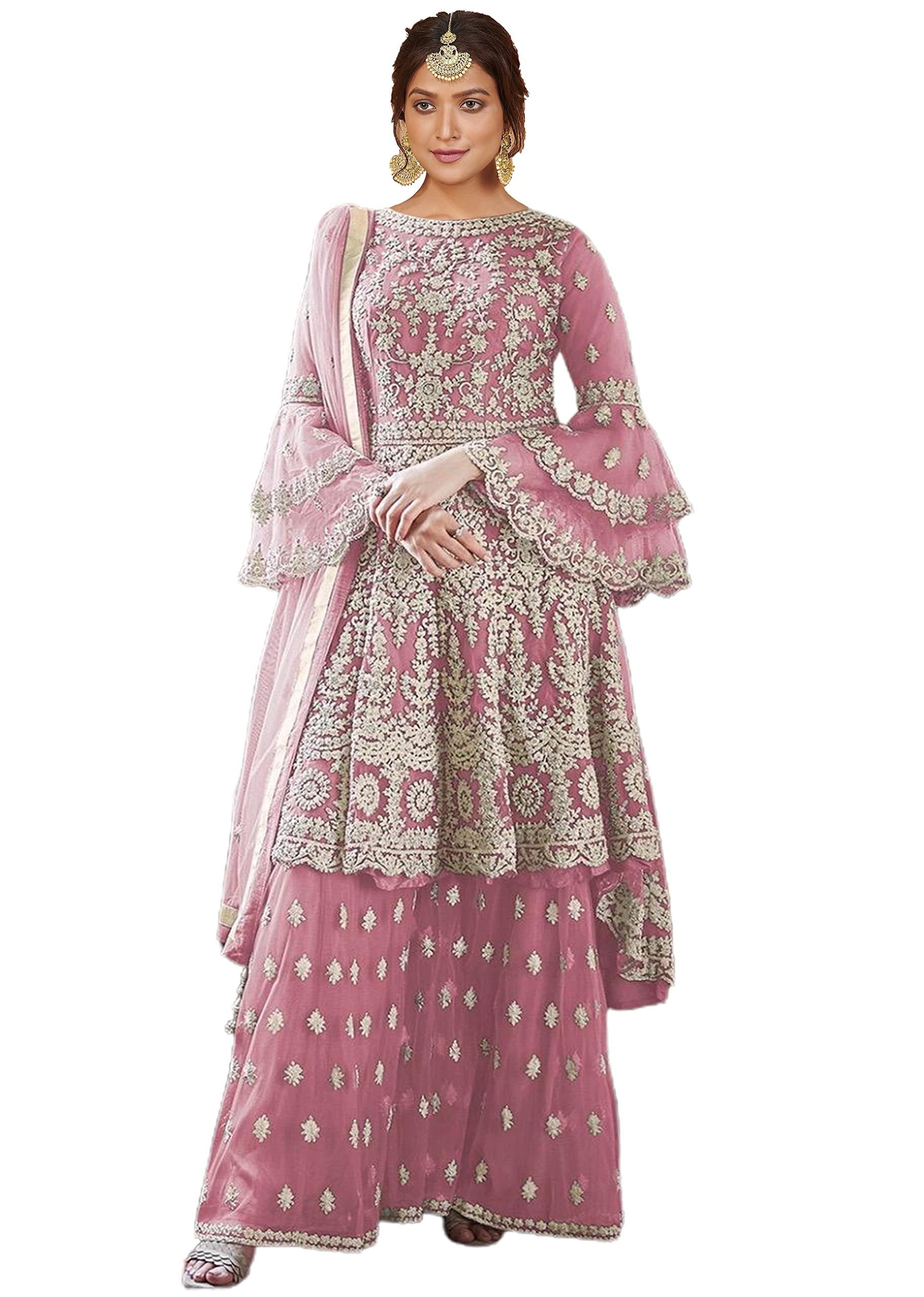 Miss Ethnik Women's Light Green Embroidered Flared Gown Dress 945-Light Green