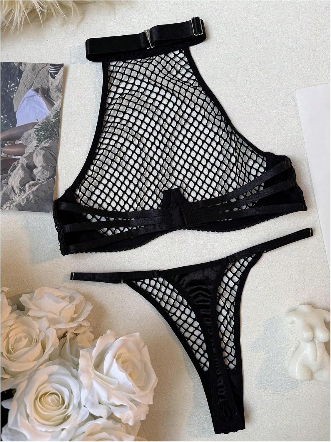 SOLY HUX Women's Fishnet Lingerie Set Hollow Out Mesh Sheer Halter Bra and Thong Panties Sets