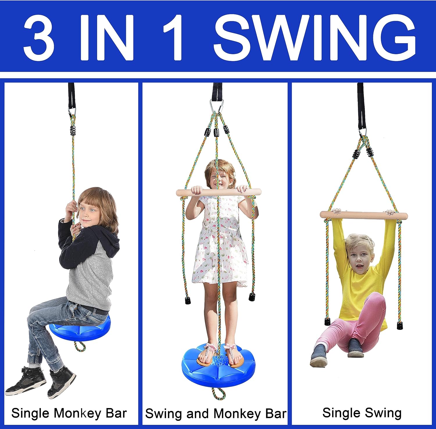 Disc Swing for Kids Rope Swing Adjustable Tree Swing Set Accessories with Monkey Bars 1 Carabiner 2 Added Hanging Straps 3IN1 Heavy-Duty Blue Swingset for Zipline Outdoor Backyard Playground