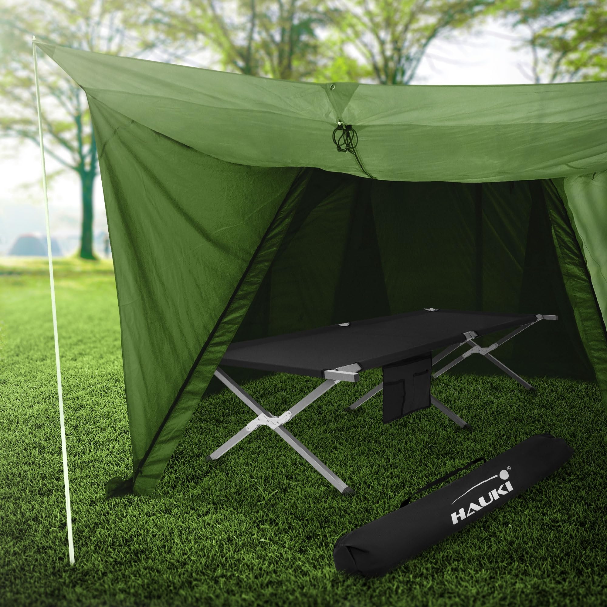 Hauki Brandina da Campeggio Pieghevole Nero 210x83x46 cm Letto per Ospiti Portatile XL con Borsa per il Trasporto Lettino da Campeggio Tubo in Metallo Capacità di Carico fino a 150 kg Outdoor