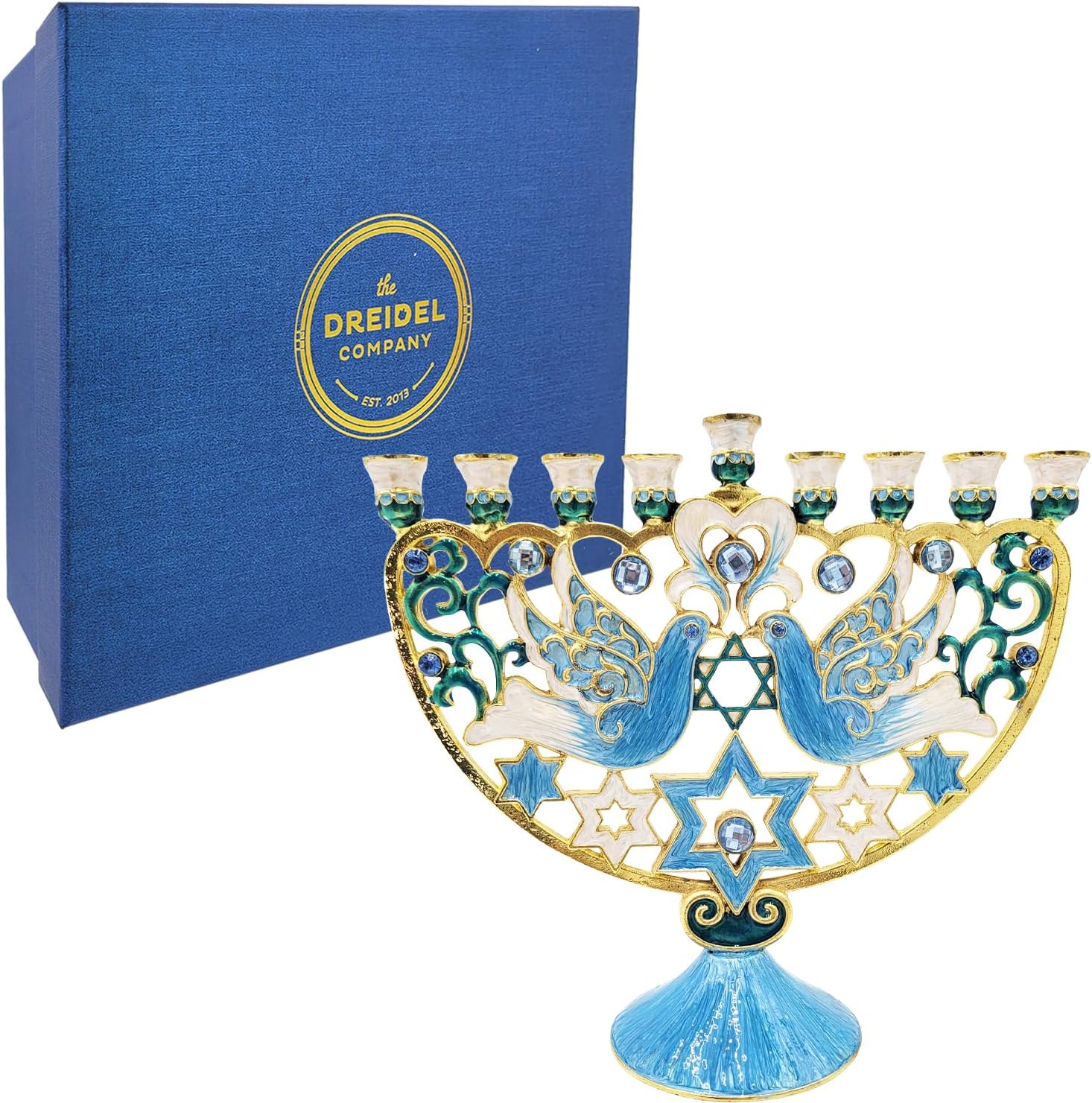 The Dreidel Company Hanukkah Large 12-Inch Tall Menorah Hand Painted Enamel, Star of David Magen David & Blue Bird Design, Hand-Painted Enameled Metal
