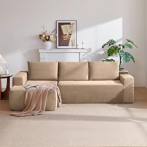 97" Cloud Couch Sectional, L Shaped Boneless Couch Sectional Couches for Living Room, Modern Comfy Corduroy Fluffy Modular Sofa with Deep Seat, No Assembly (Camel, Left Facing Chaise)