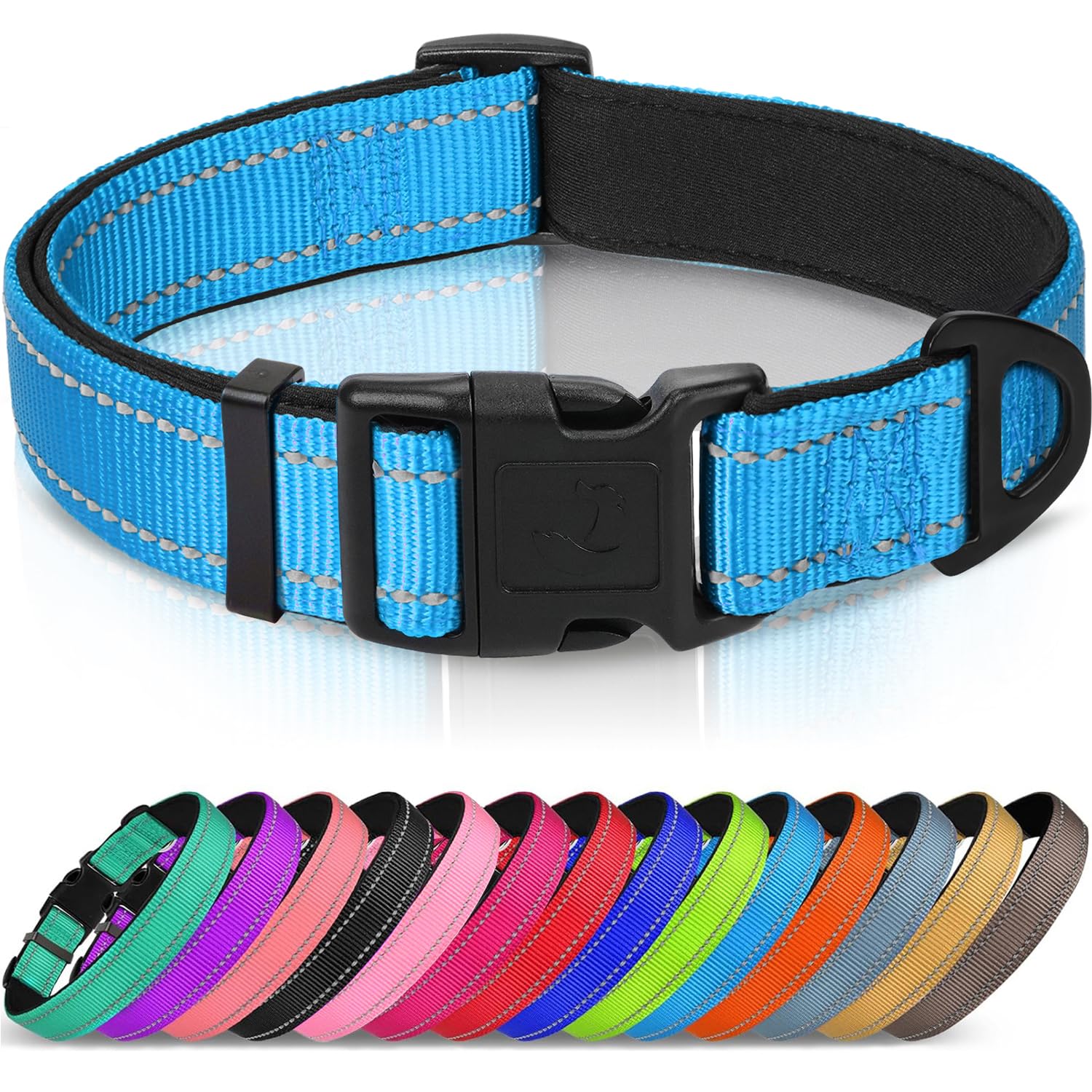 Joytale Reflective Dog Collar, Soft Neoprene Padded, Metal D-Ring, Nylon Pet Collar Adjustable for Medium Dogs, Sky Blue, M
