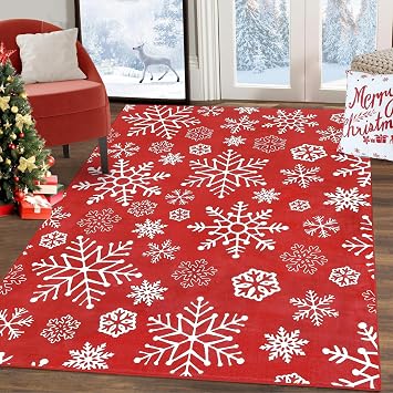 GlowSol Christmas Washable 5x7 Rug Xmas Snowflakes Rugs for Living Room Stain Resistant Snowflakesed Rug Winter Holiday Rugs Non-Slip Bedroom Throw Carpet for Under Table Kitchen Farmhouse,Red