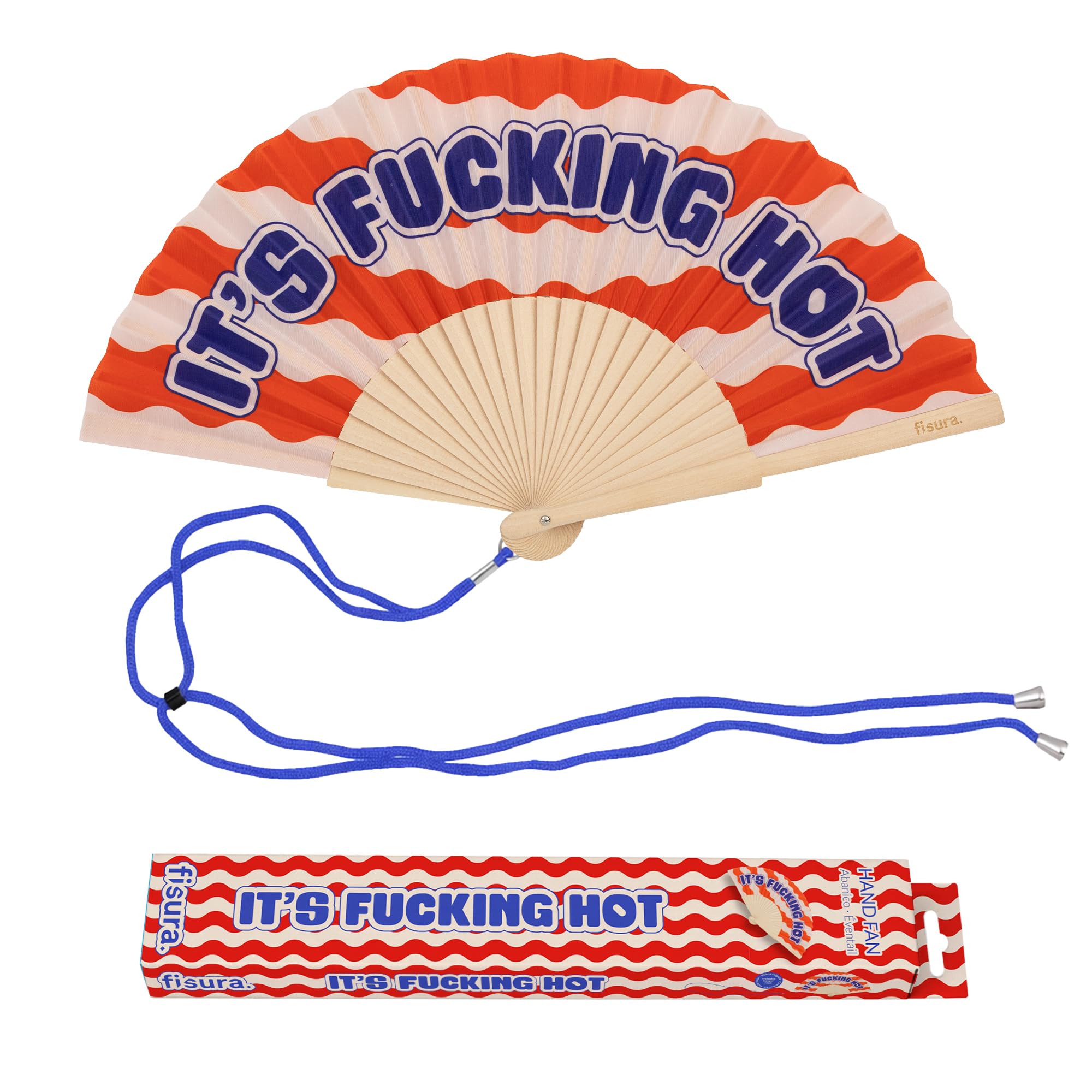 Fisura – Original “F*cking H*t” Message Folding Fan, Modern and Colourful Folding Handheld Fan, Red Wave Design for Wedding, Rave, Festival - Includes Strap. Size: 42.5 x 23 cm