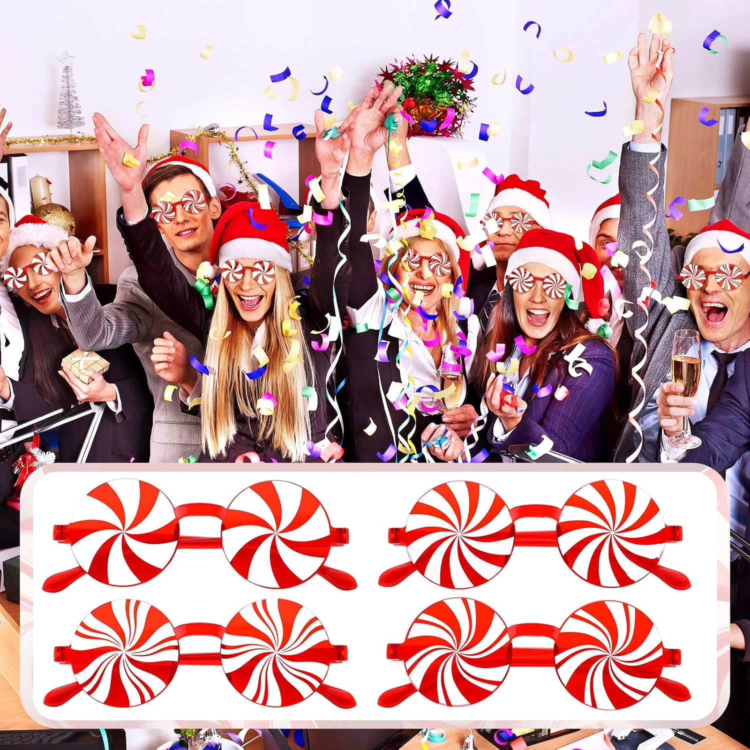 Tellegloww 12 Pcs Christmas Glasses Candy Cane Round Shaped Sunglasses Christmas Decoration Accessories Costume Eyeglasses for Xmas Stockings Stuff Holiday Party Favors