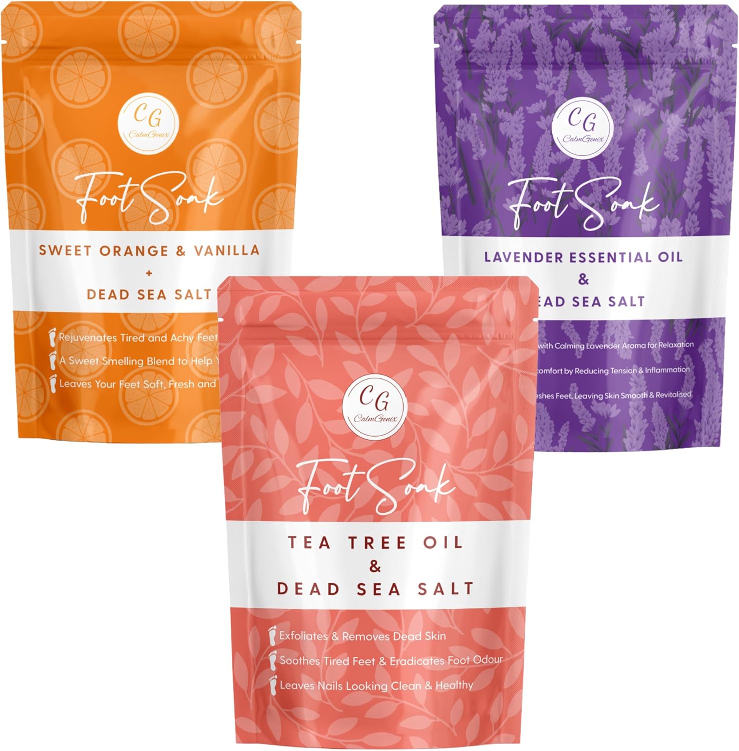 CalmGenix Foot Soak 3pcs Set – Lavender, Tea Tree & Vanilla Orange – Essential Oils & Dead Sea Salt | Helps Treat Nail Fungus, Athletes Foot | Foot Spa Bath Soak Moisturiser & Deodorizer for Hard Skin