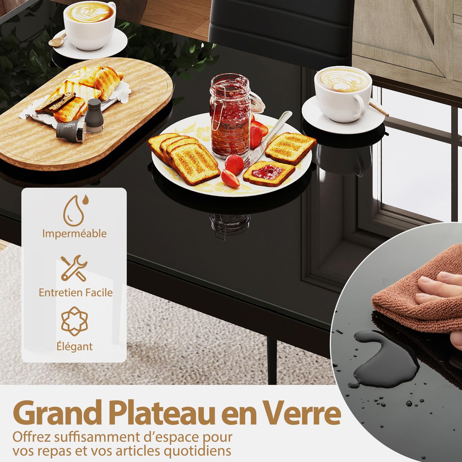 COSTWAY Table à Manger Moderne 120 cm pour 4 Personnes, Table de Cuisine en Verre, Cadre en Métal Robuste, pour Salle à Manger, Cuisine, Noir