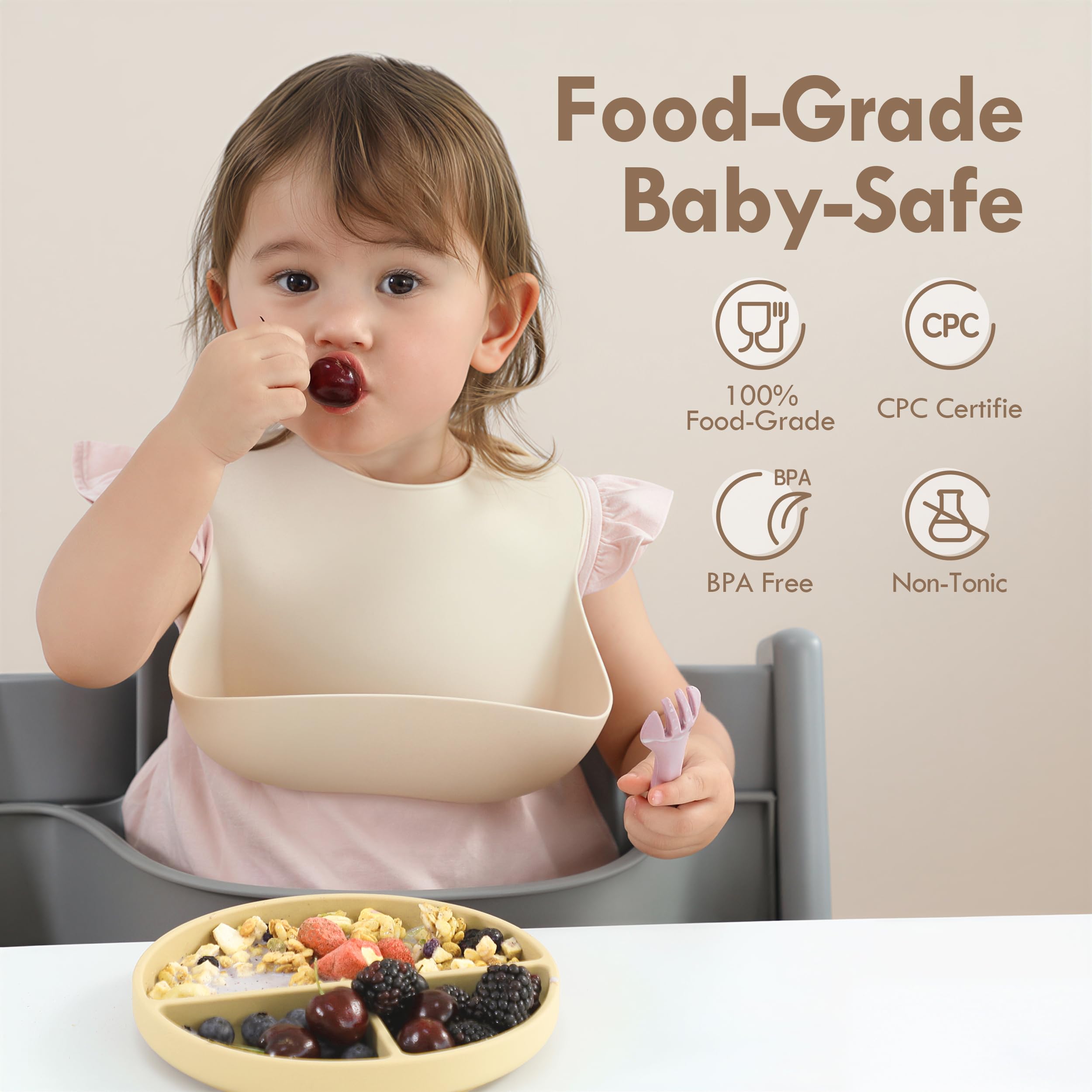 Moonkie Silikon Baby Esslern-Set, Lernlöffel 4er-Set, Saugnapf-Kinderteller mit Gabel & Löffel Sowie Verstellbarem Silikon-Lätzchen, Beikost Zubehör für Selbstständiges Essen
