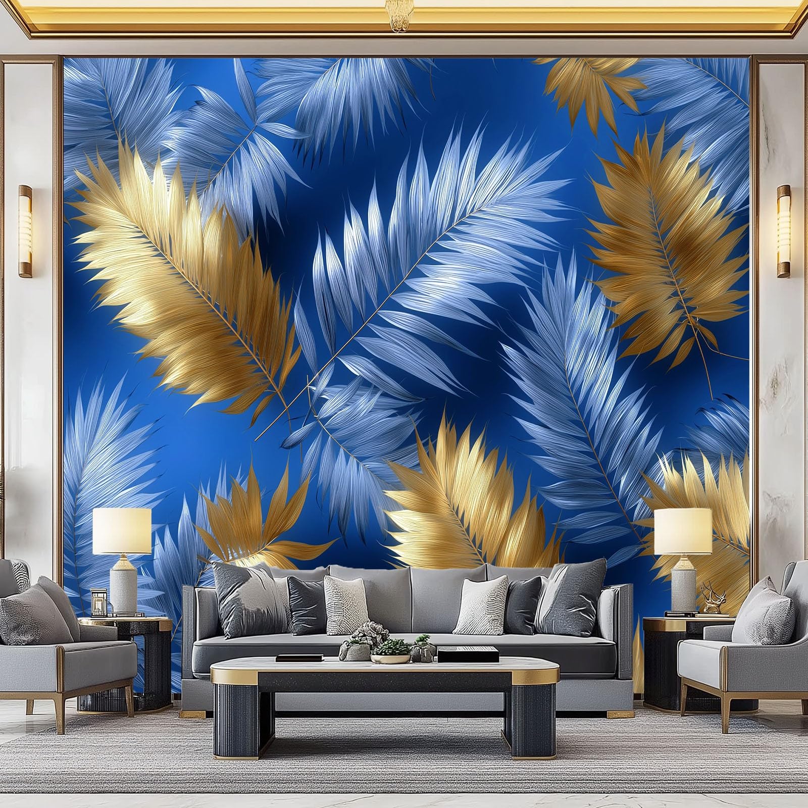 Générique Tropikalne Panoramiczne Rośliny Liście Drzewo Palmowe Granatowa Dżungla 250 x 175 cm - Nowoczesny gobelin ścienny z włókniny do salonu, sypialni lub pokoju dziecięcego