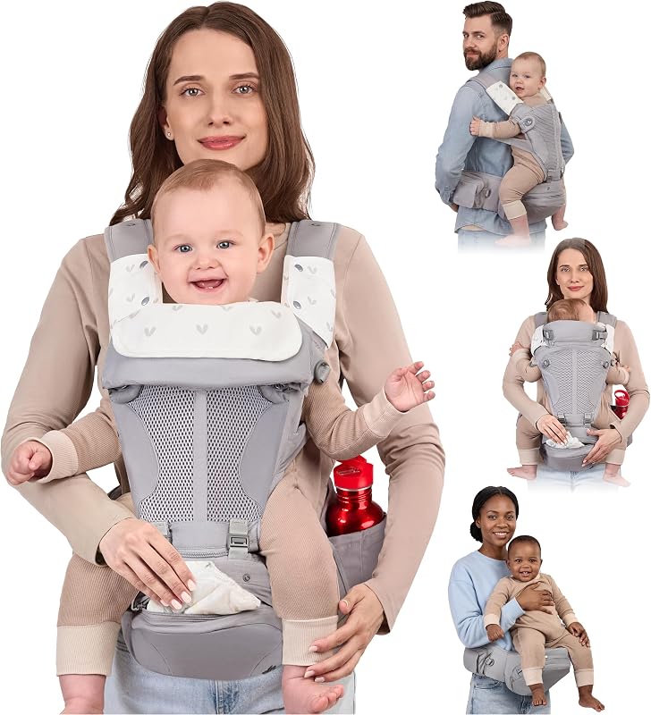BabbleRoo Grow Plus Carrier – Safety Certified Organic Cotton Baby Carrier with Detachable Hip Seat, Ample Storage, Magnetic Buckle, Storage Bag – All-Season Comfort for Baby & Parent (7–50 lbs)