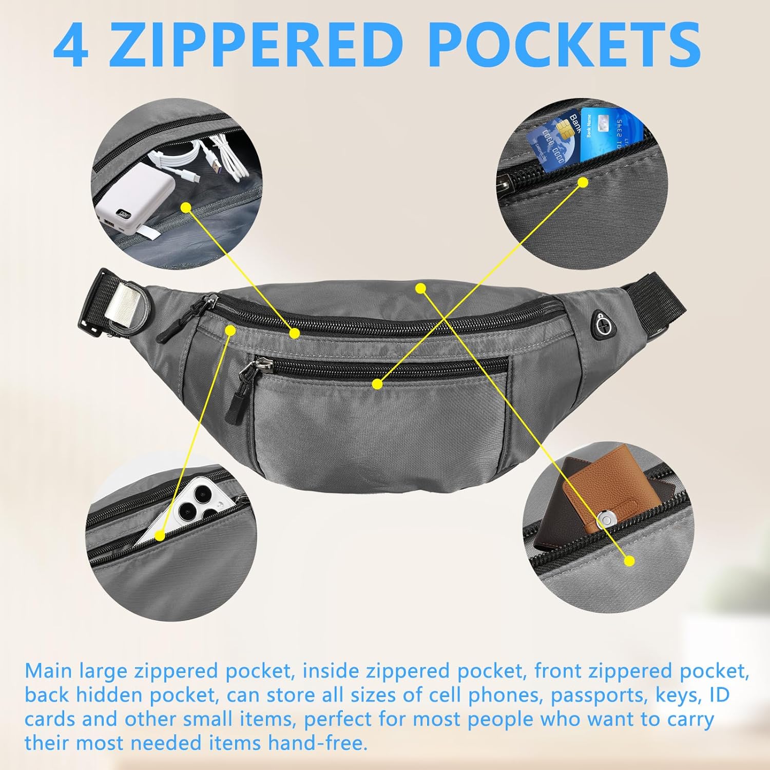 5PCS Crossbody Fanny Pack Large Capacity Waist Bag with 4-Zipper Pockets Adjustable Strap Fanny Packs Waterproof Oxford Cloth Travel Belt Bag for Outdoor Shopping Travel Men Women,Gray - Image 4