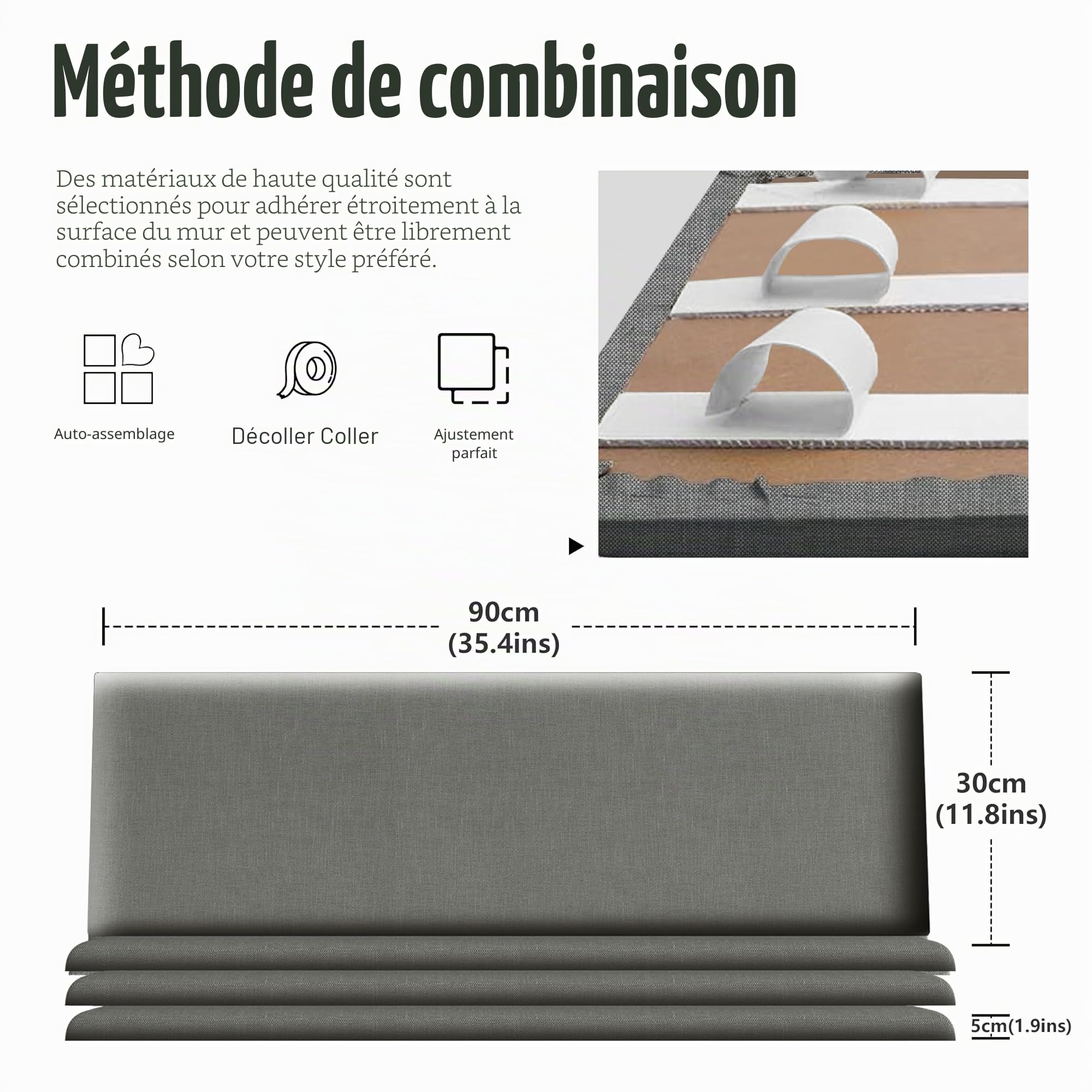 Panneaux muraux rembourrés - Panneaux muraux autocollants en lin - Tête de lit 3D insonorisée avec mousse - Rembourrage mural pour chambre à coucher, salon, bureau - Gris (4, 90 x 30 cm)
