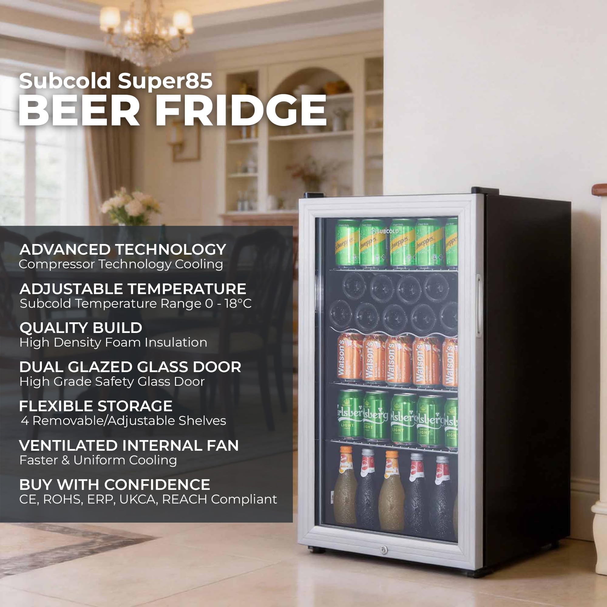 Subcold Super85 LED - Under-Counter Fridge | 85L Beer, Wine & Drinks Fridge | LED Light + Lock and Key | Energy Efficient (Silver, 85L) — view 5