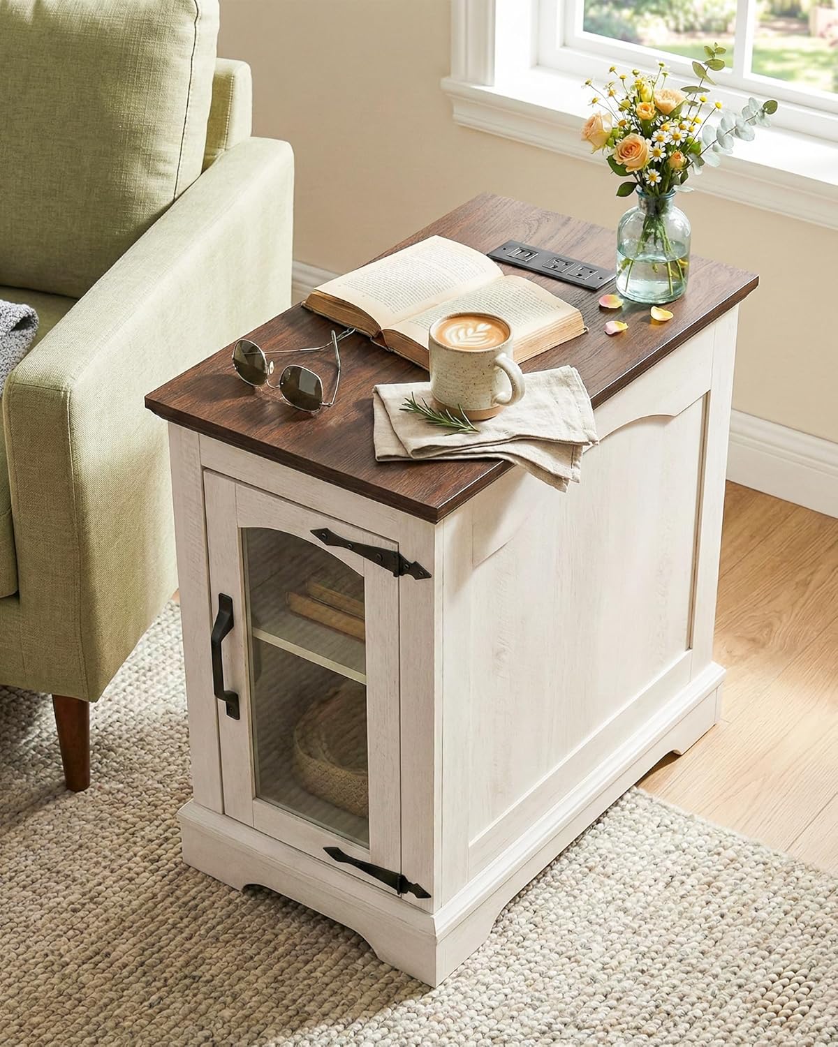 Narrow Side Table with Charging Station, 13.8" W Modern Farmhouse End Table with Glass Door & Storage, 2 Outlets & 2 USB Ports, Nightstand for Living Room, Bedroom (White)