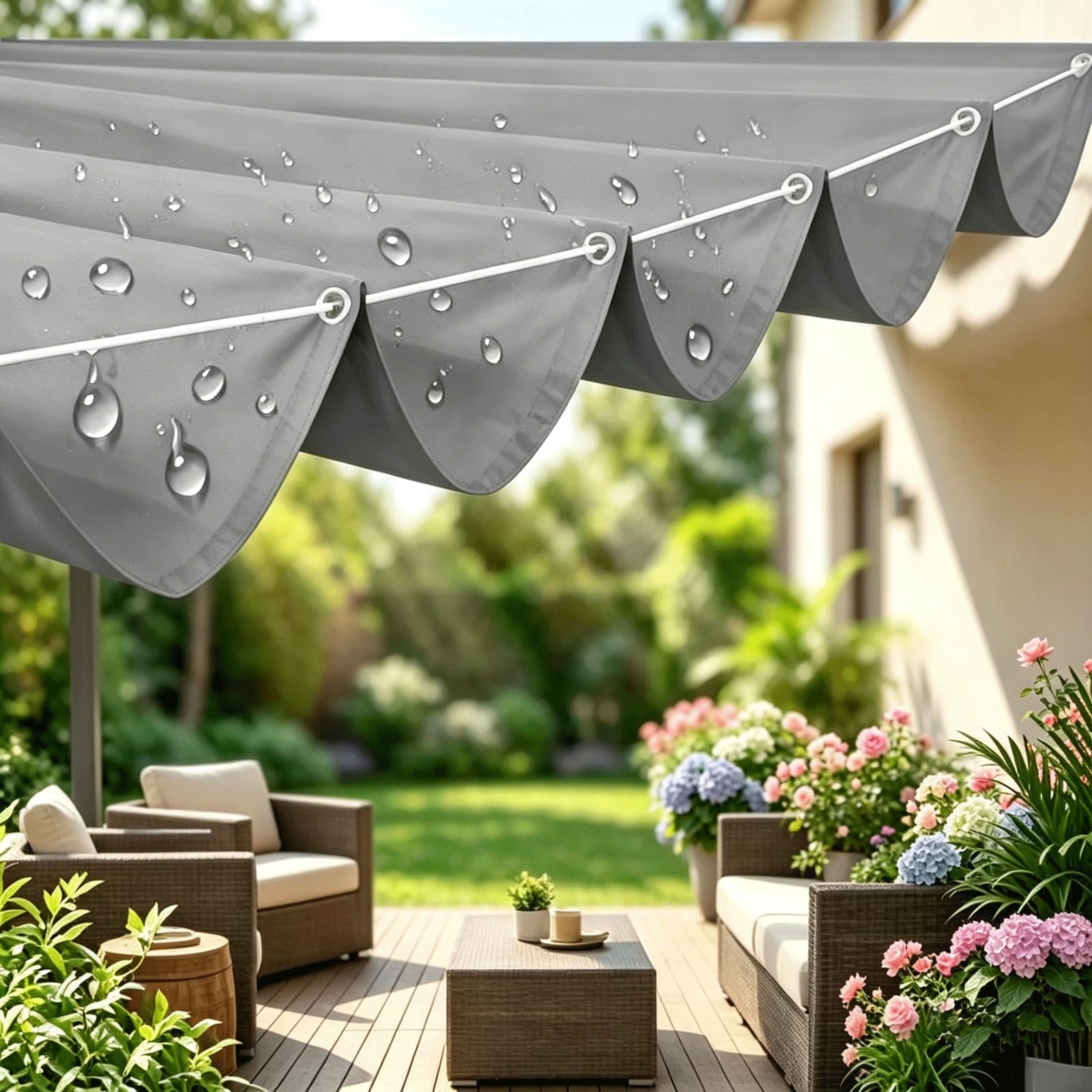 Voile d'ombrage rétractable 4x13m gris clair imperméable pour grand jardin