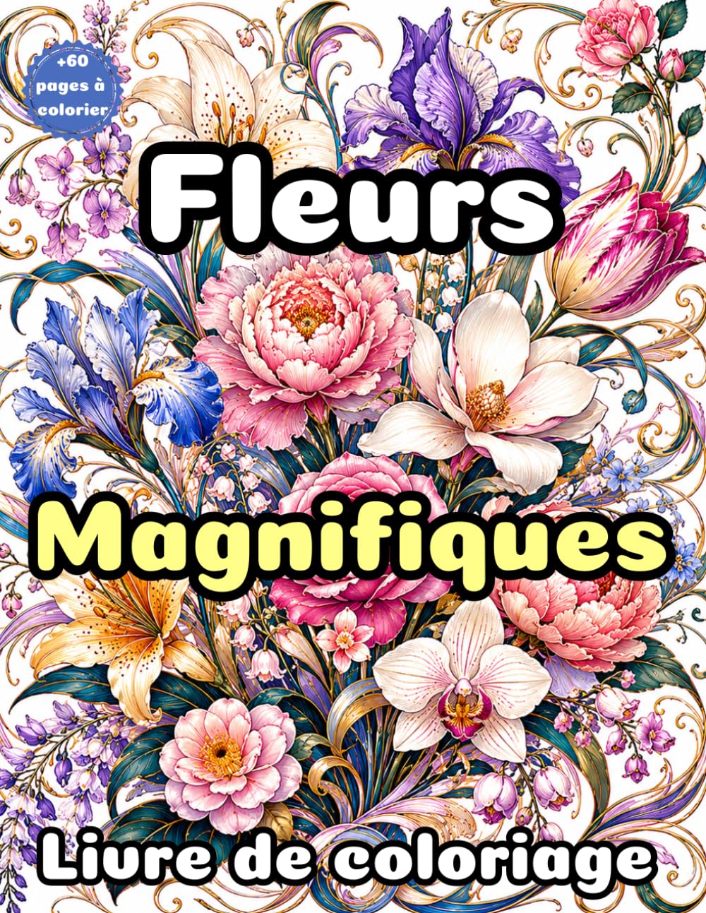 Fleurs Magnifiques à Colorier: 60 Illustrations Florales Élégantes pour Adultes | Roses, Pivoines, Tulipes et Jardins Enchantés | Livre de Coloriage Anti-Stress et Relaxation