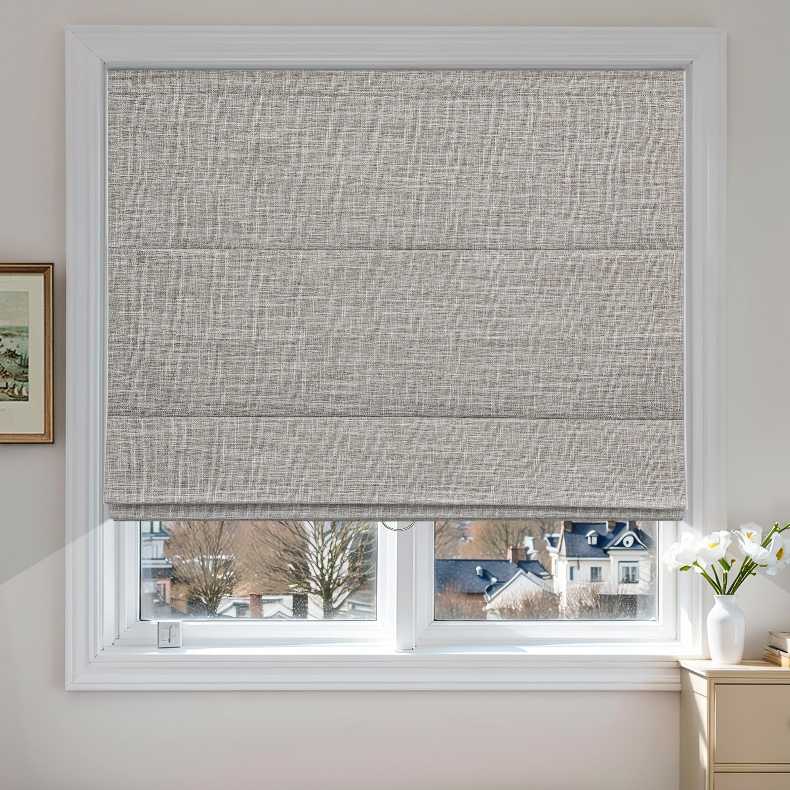 Pasoun Cordless Roman Shades Custom Blackout Shades, Waterproof Fabric Roman Blinds for Indoor Windows, Pull Down Thermal Insulated Blinds for Home Bedroom (Almond, 34