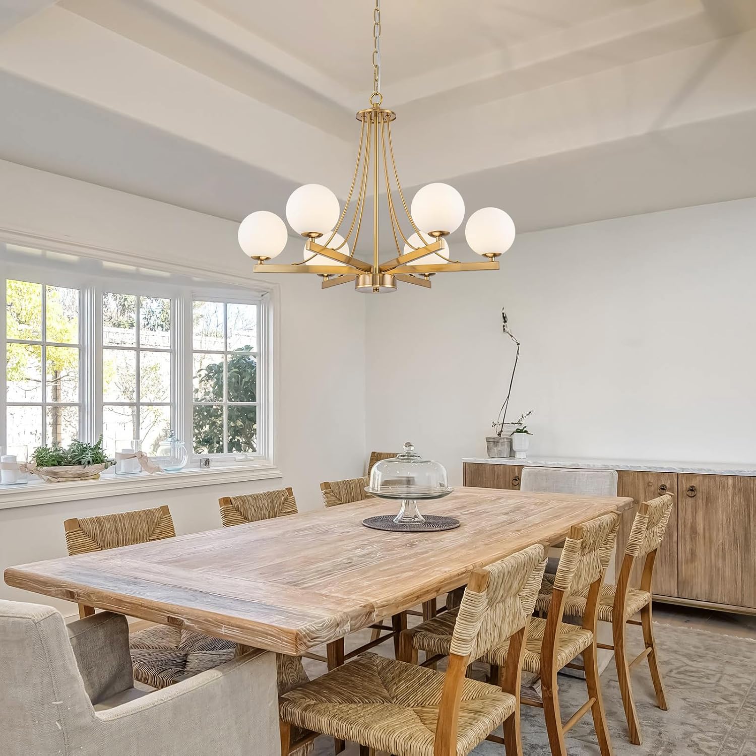 Mid Century Modern Gold Chandelier for Dining Room with 6 Frosted Glass Globes, 26.7" Wide Dining Room Light Fixture Over Table, Hanging Pendant Lighting for Kitchen, Living Room, G9 Base
