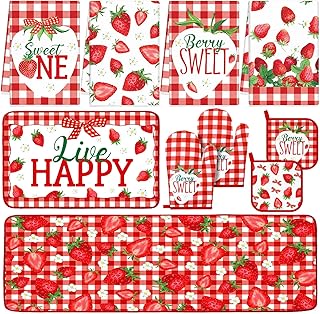 Fourluoo 10 Pcs Strawberry Kitchen Dish Towels Rugs Oven Mitts and Pot H...