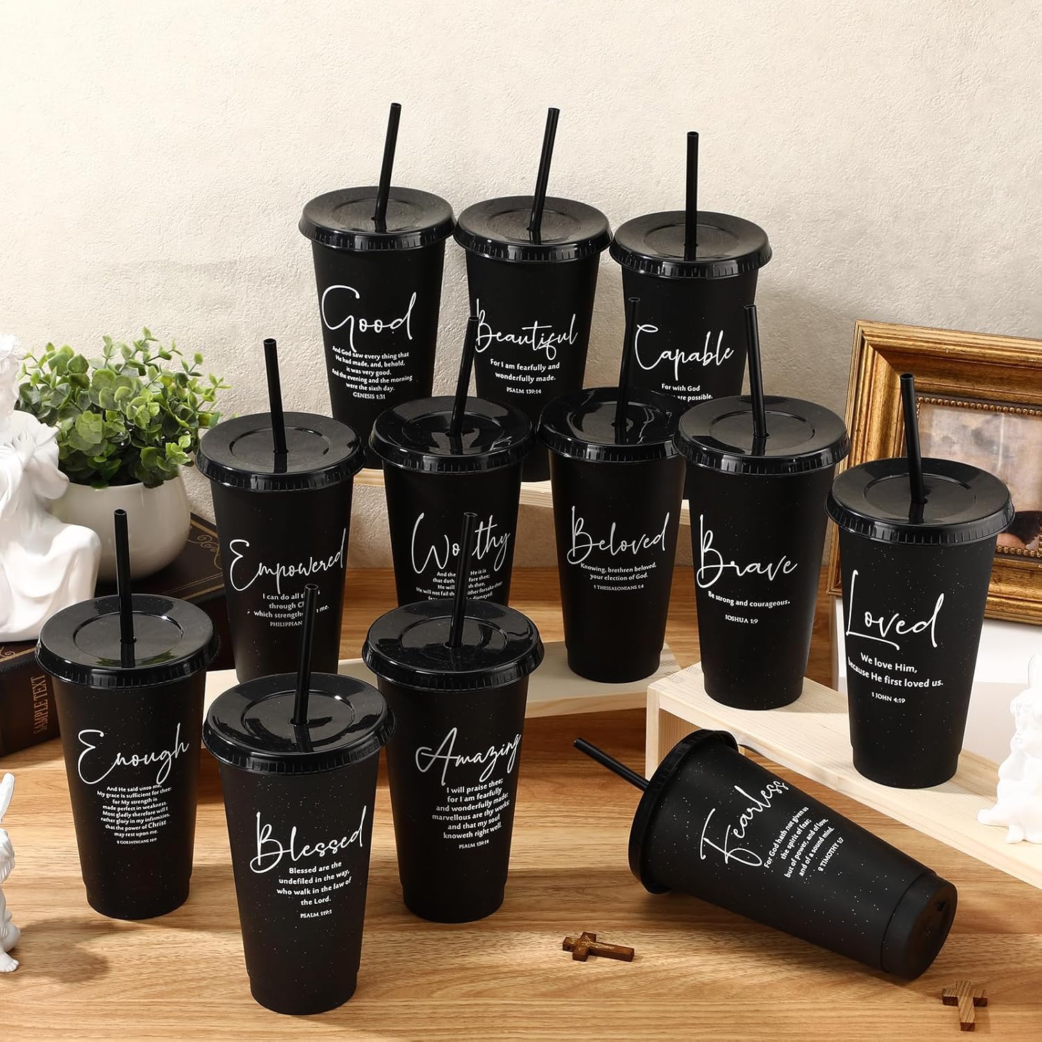 12 Set Christian Gift Bulk for Women Cup 24 oz Inspirational Bible Verse Tumbler Religious Plastic Drinking Cup with Lid Straw Valentine Gift for Church Pastor Sunday School Teacher (Black) - Image 4