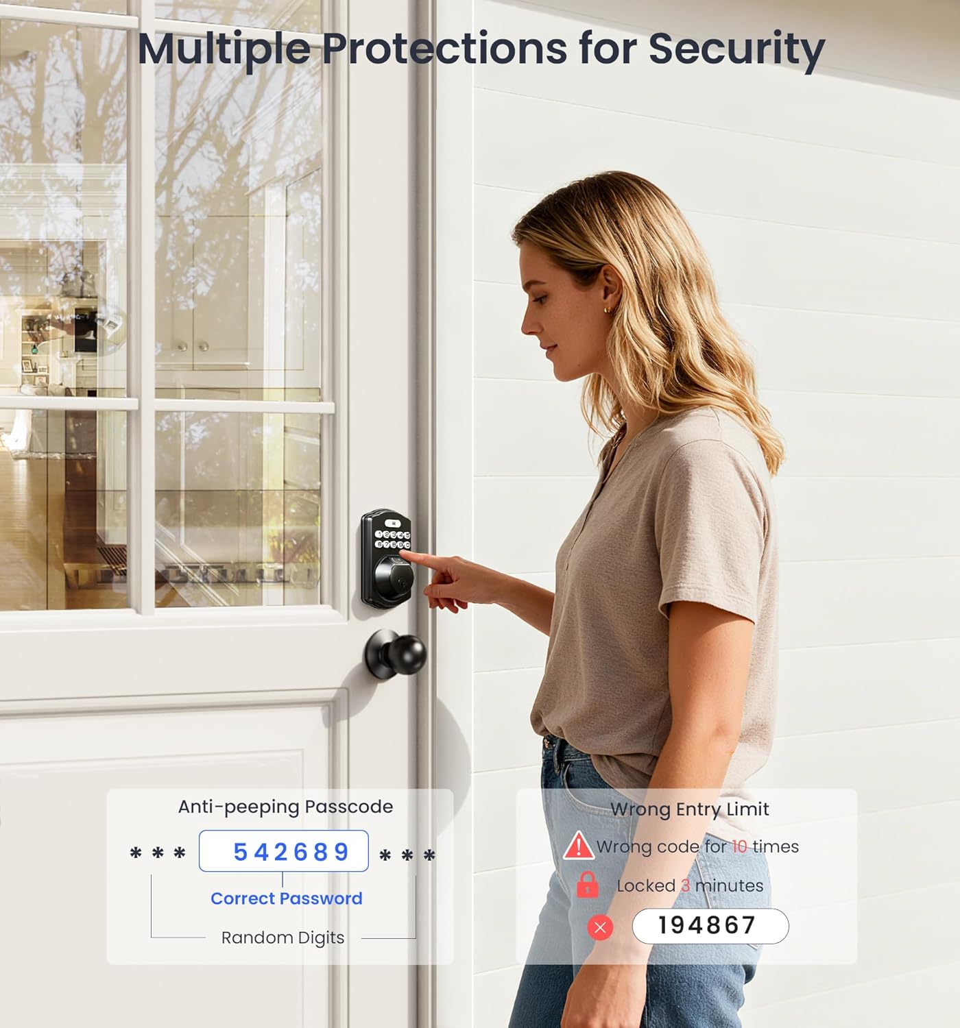 Image illustrating the anti-peeping passcode feature, showing random digits entered before and after the correct password.