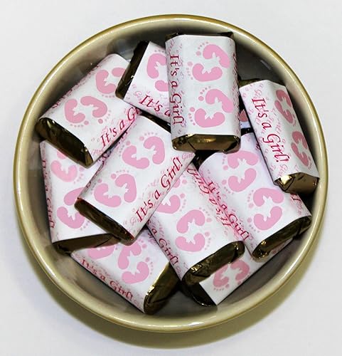 Vista 6 de Envoltura de barra de caramelo en miniatura de 60 huellas rosas para baby shower, decoración "It's a Girl", calcomanías, fabricado en Estados Unidos