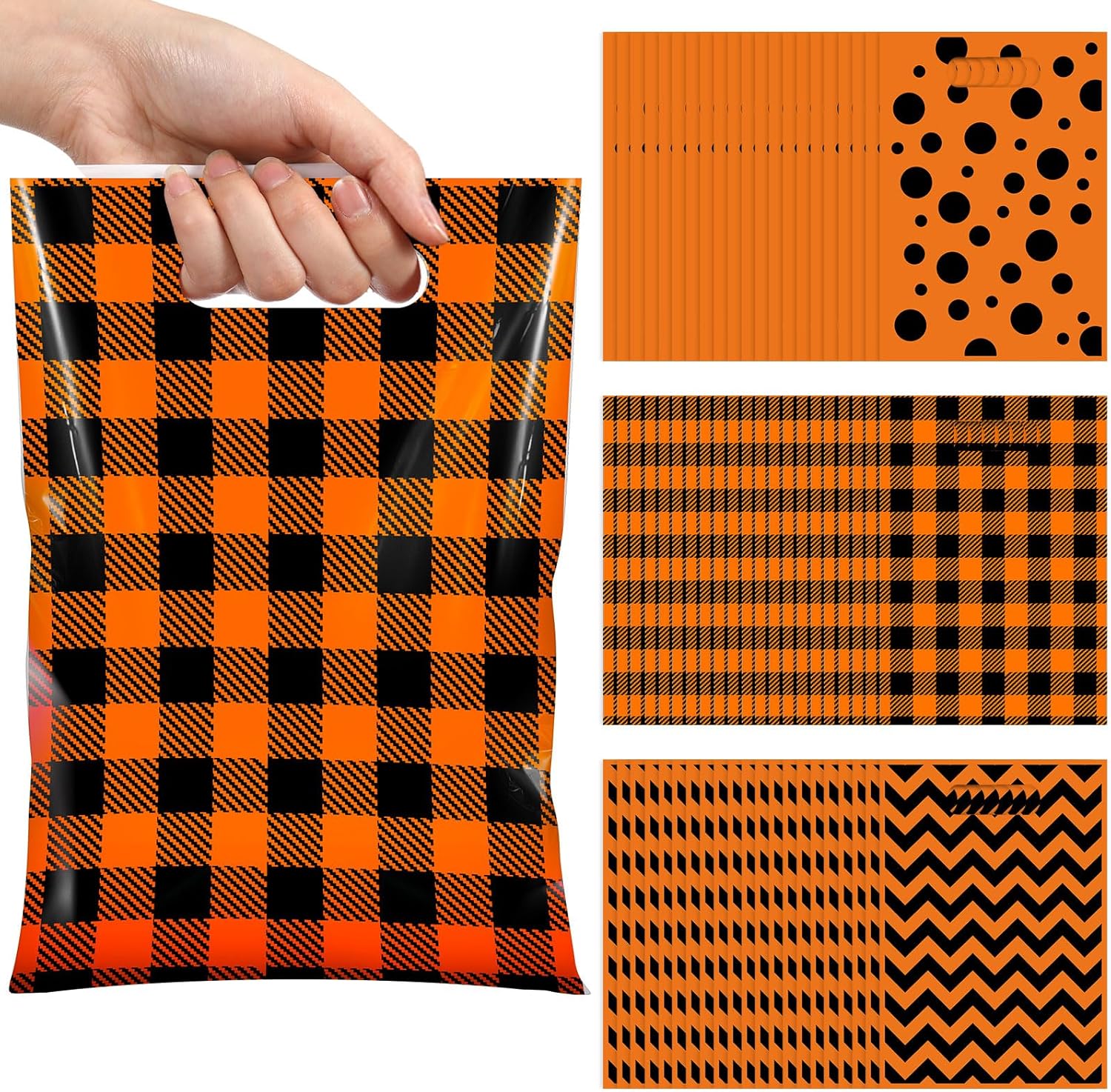 Pajean 90 Pcs Halloween Treat Bags Halloween Orange Black Pouches with Handles Buffalo Polka Dot Stripes Plastic Trick or Treat Goodie Bags for Holiday Birthday Baby Shower Party Supplies