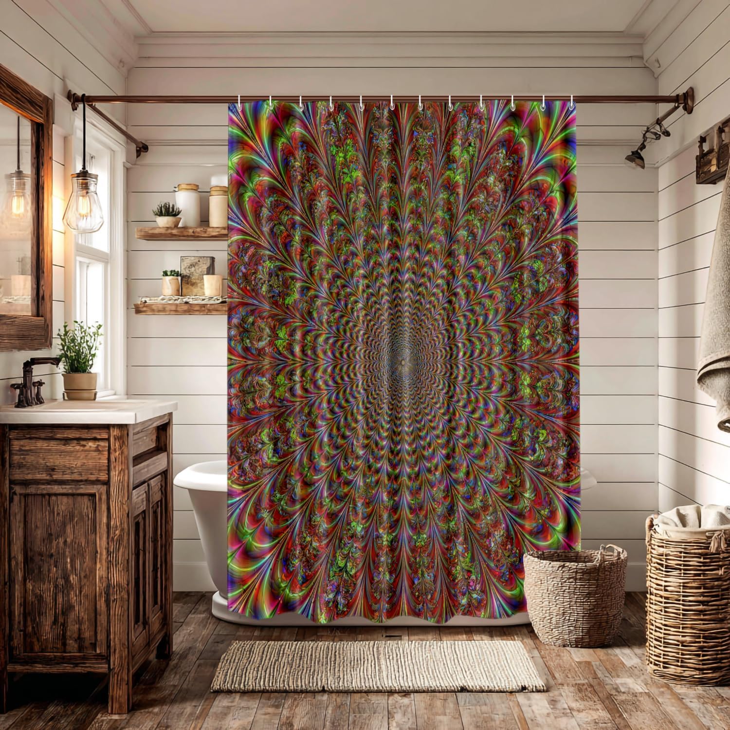 Batmerry Psychedelic Abstract Blue Decor Shower Curtain,Red Optical Illusion Fractal Art Bathroom Decor Polyester Fiber Plastic Rings Quick-Drying Waterproof for Bathtubs/Bathroom, 72x72 inches