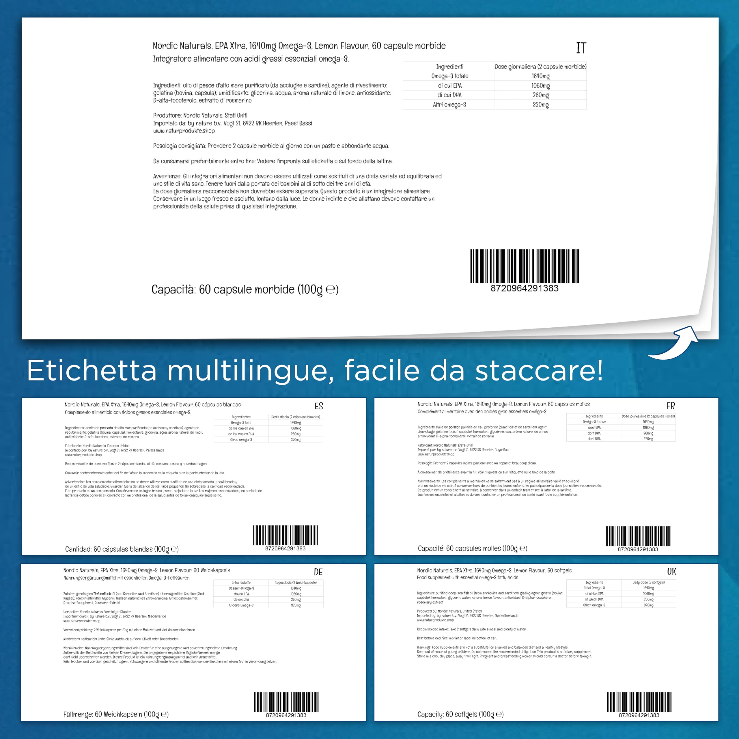 Nordic Naturals, EPA Xtra, 1640 mg di Omega-3, Olio di Pesce con EPA e DHA, Gusto Limone, 60 Capsule molli, Testato in Laboratorio, Senza Soia, Senza Glutine, Non OGM