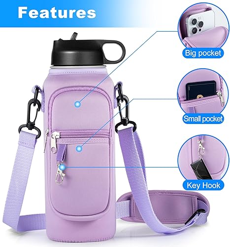 Miniatura 10 de RRegeny Soporte para botella de agua con correa para Hydroflask de 32 oz 40 onzas con bolsillo para teléfono, funda para botella de agua para