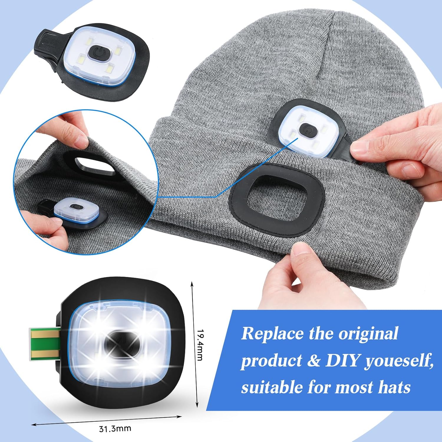 Mudder LED USB Rechargeable Beanie Light with Rubber Piece for LED Beanie Hat Craft Kits, Easy Install and Replaceable Headlamp Hat DIY Unisex Hand-Free Headlight for Men and Women(2 Pieces) - Image 4