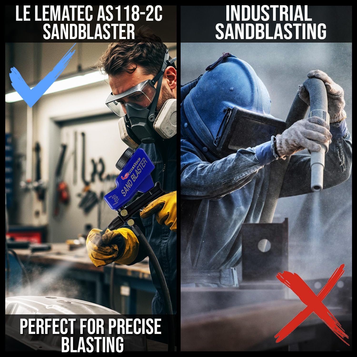 LE LEMATEC Portable Sand Blaster Gun Kit for Rust Removal & Glass Etching - Requires 150PSI Air Compressor 4  CFM for Detail Work & Small Projects - Siphon Ceramic Function