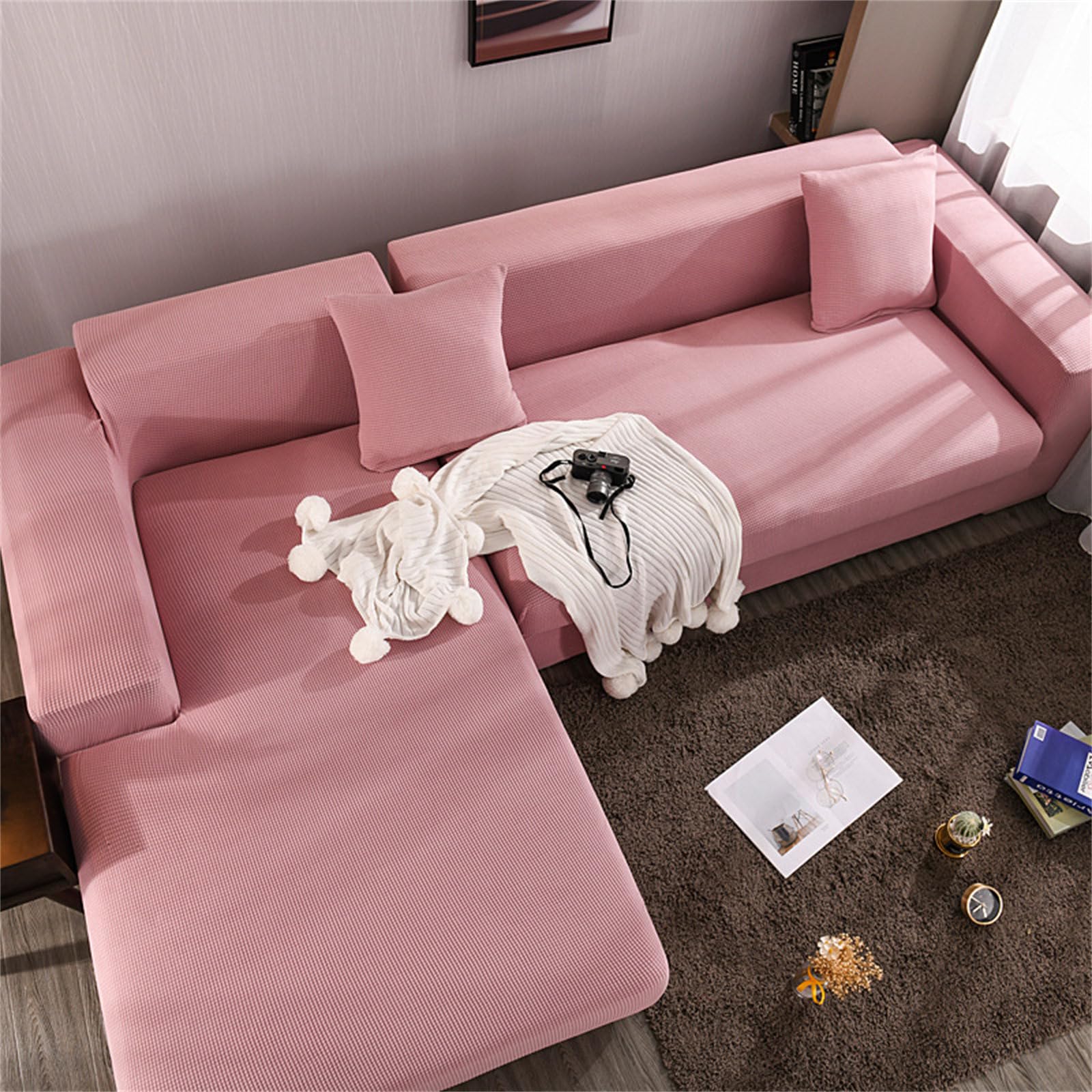 Housse de canapé extensible rose 3 places polaire pour salon chaleureux