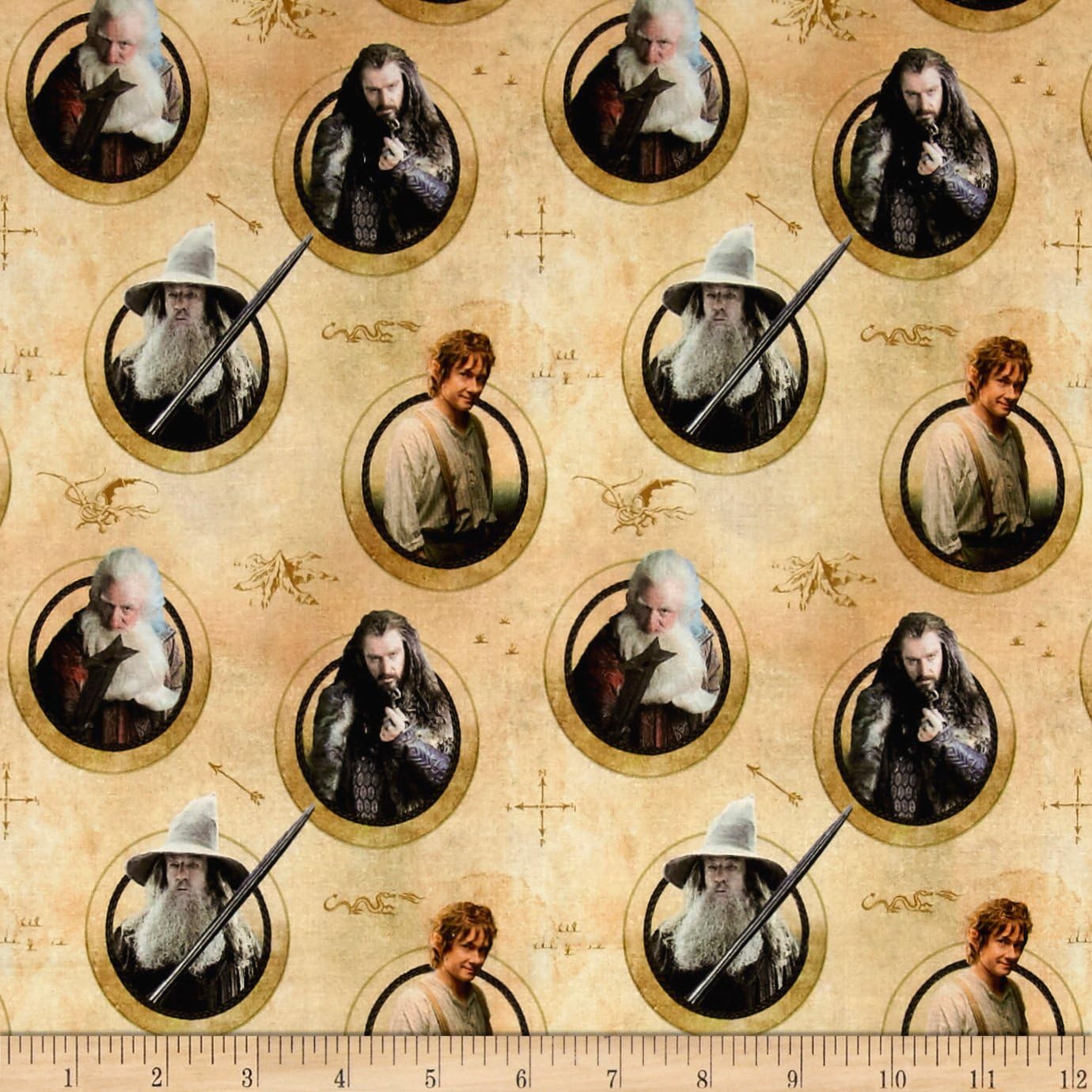 Hobbit & Lord of the Rings Characters in Circles 100 cotton fabric by
