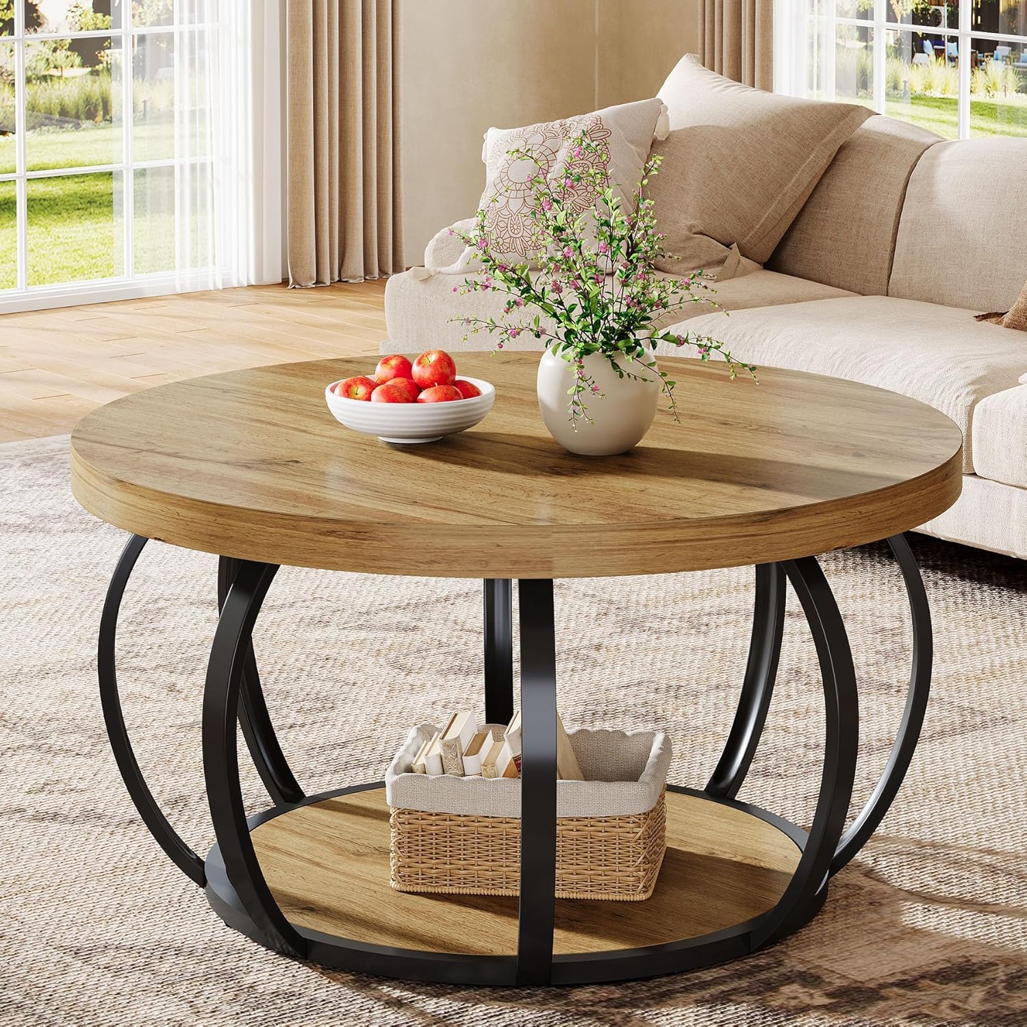 Tribesigns Round Coffee Table, Industrial 2-Tier Circle Coffee Table with Storage Shelves, Modern Wooden Accent Center Table Sofa Side Table for Living Room, Wooden Grain and Black