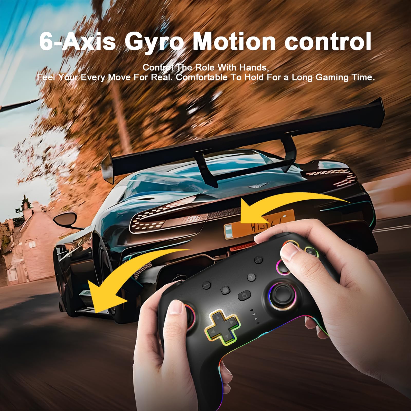 Controller Wireless per Switch/Switch 2/Lite/OLED/PC, Controllore Switch Pro con illuminazione RGB 7 Colori Cangianti/Grilletto Effect Hall/Doppia Vibrazione/Turbo, Joystick Ergonomico Preciso