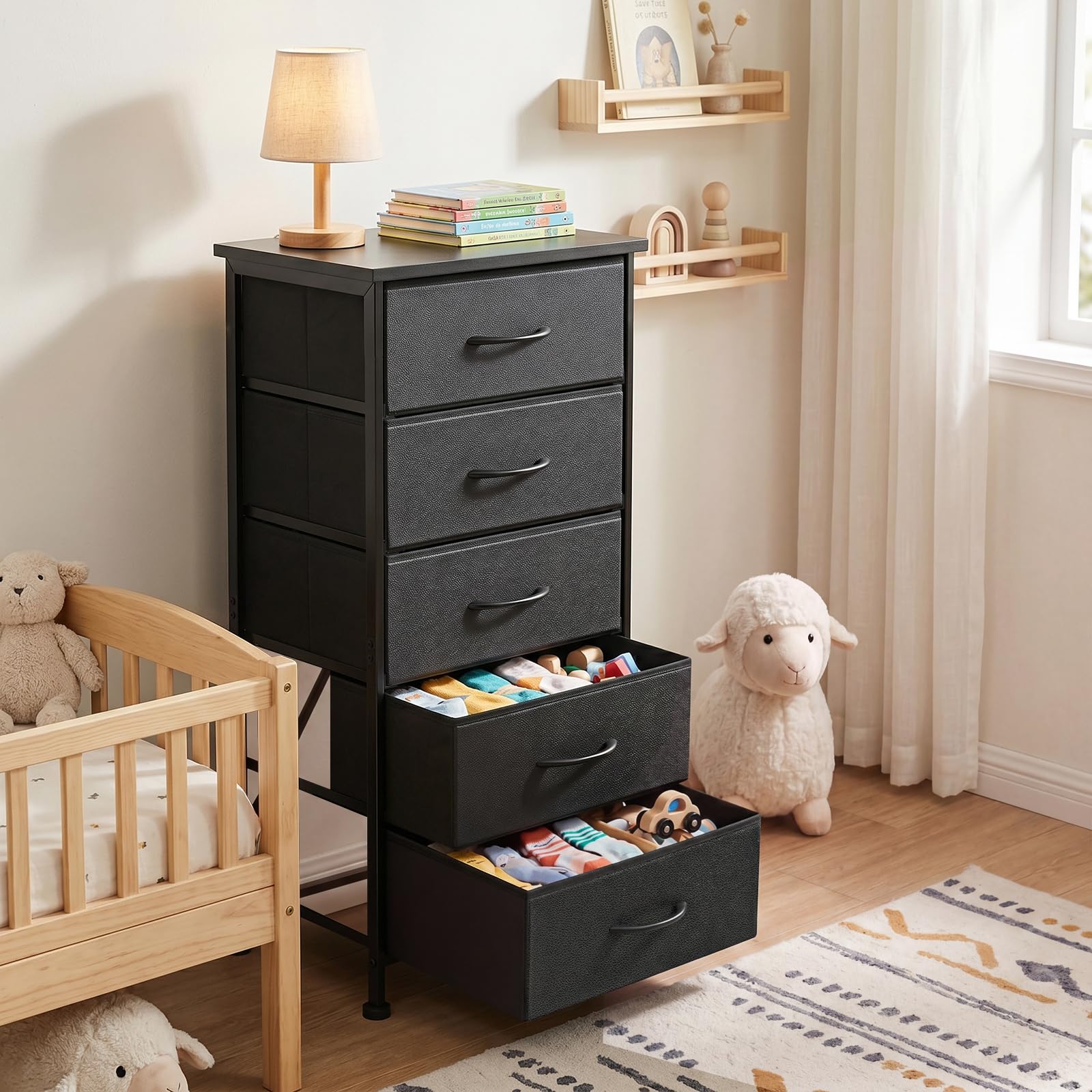 Fixwal Tall Skinny Dresser with 5 Fabric Drawers, Slim Dresser, Black