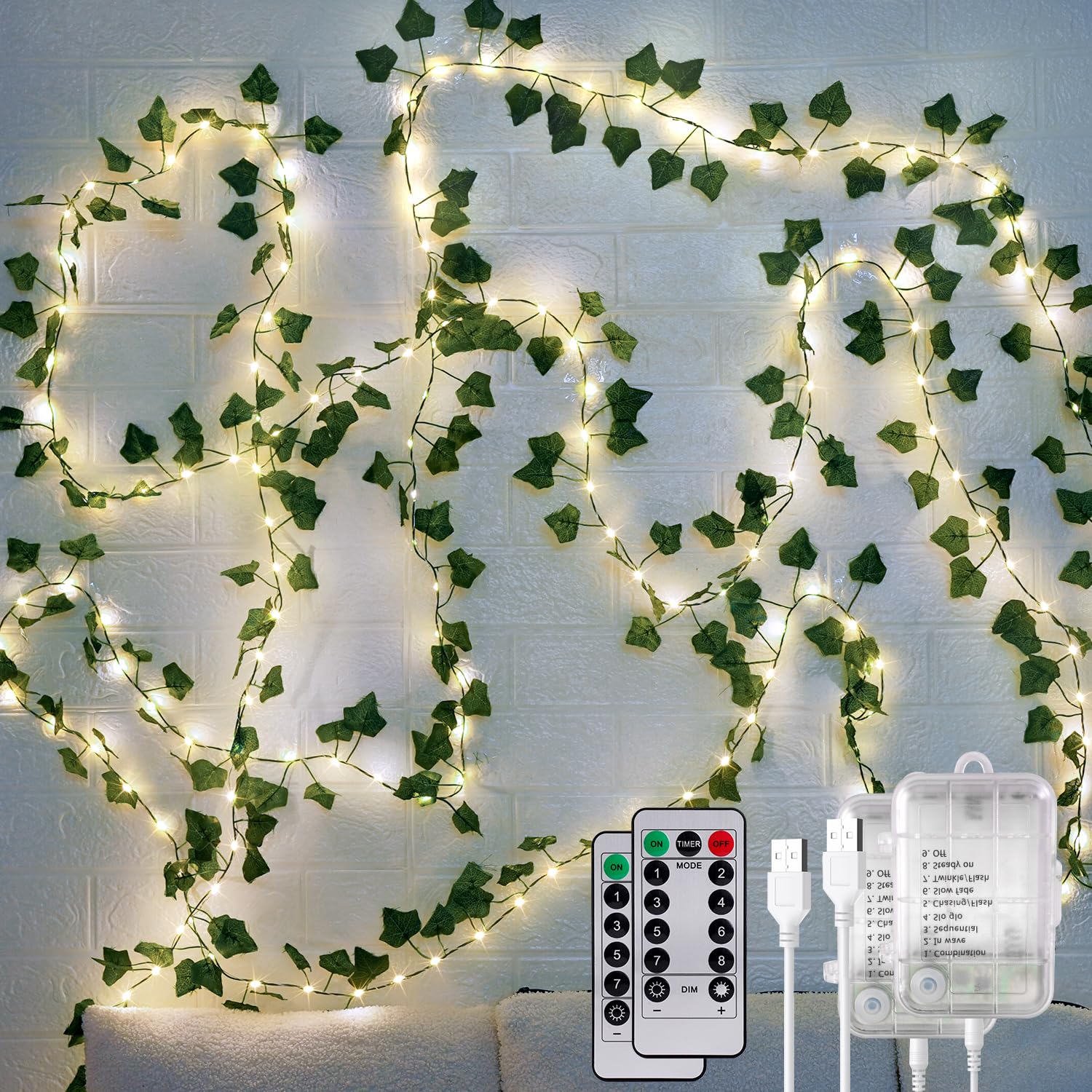 StarryEver LED Fairy Lights Ivy Artificial 12 m 120 LED Ivy Garland Fairy Lights Indoor Battery with Timer, USB Fairy Lights Room with Flower Garland Hanging Plants for Party Garden Balcony Pack of 2