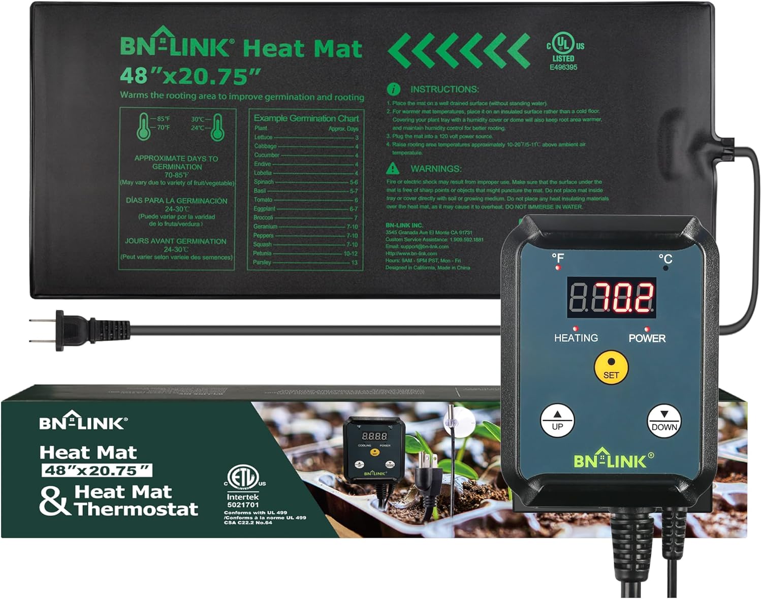 BN-LINK Alfombrilla térmica duradera para plántulas de 48 x 20.75 pulgadas con controlador de termostato digital, impermeable, para inicio de