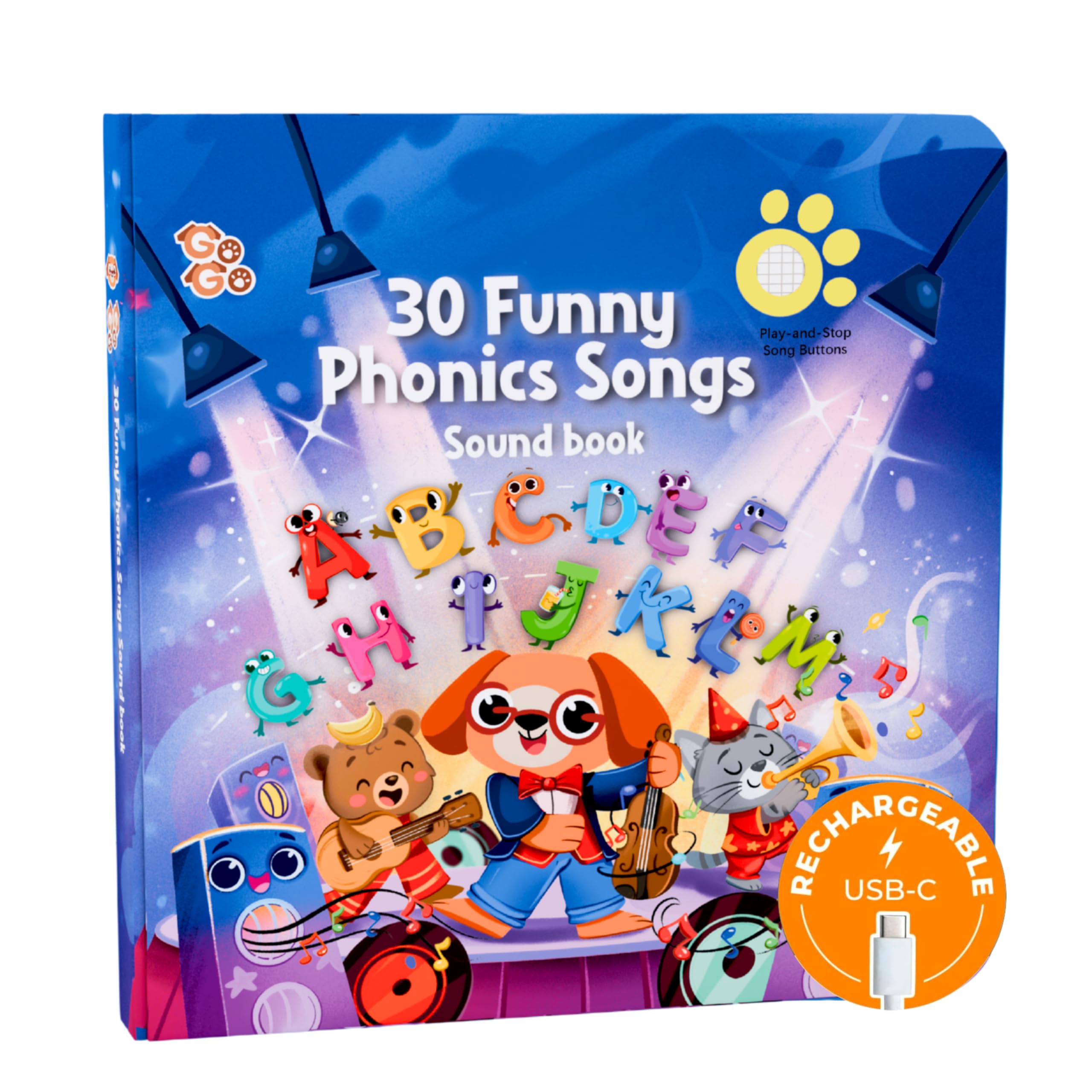 GO GO 30 Funny Phonics Songs Sound Book, A-Z Letter Sound Songs, USB-C Rechargeable, Preschool &amp; Kindergarten Learn to Read for 3 Year olds, Perfect Toy and Gift for Toddlers, Ages 2 3 4+
