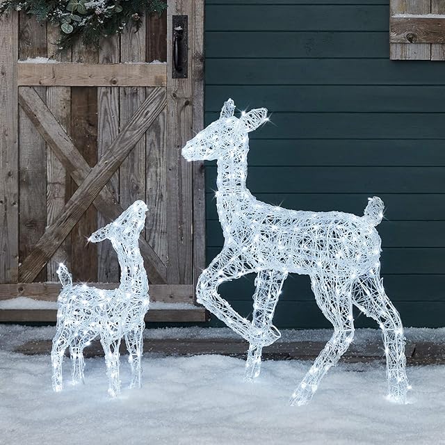 Lights4fun Outdoor Reindeer Doe & Fawn Christmas Light Up Acrylic Figures Garden Decoration with 300 White LEDs & Timer