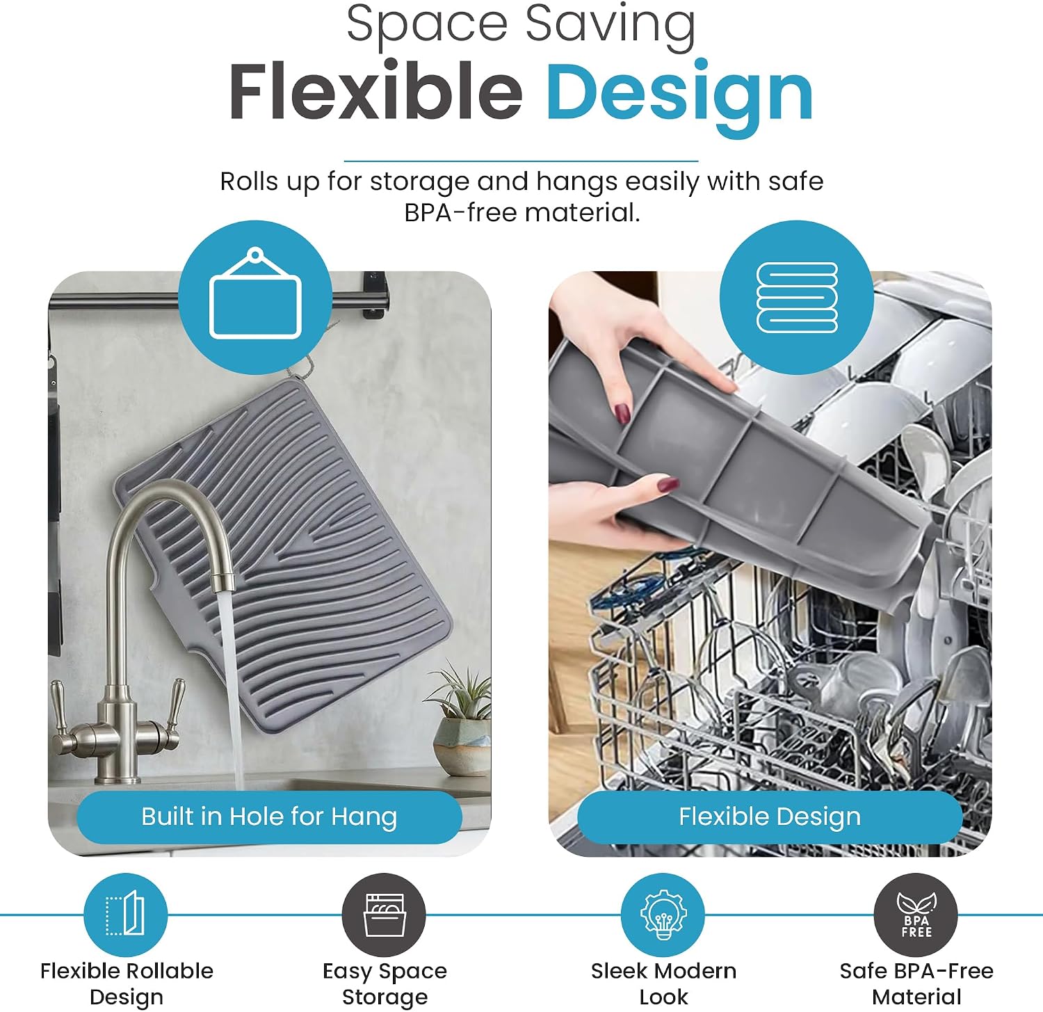 Silicone Dish Drying Mat 20" x 17", Built-In Drain, Non-Slip, Gray