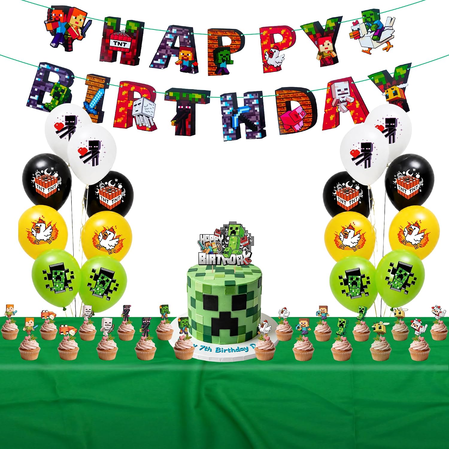 Pixel Birthday Party Decorations, Gamer Party Supplies with 20% Thicken Double-Layer Balloon, Video Game Birthday Decor Include Happy Birthday Banner, Cake Cupcake Toppers Set for Boys Girls
