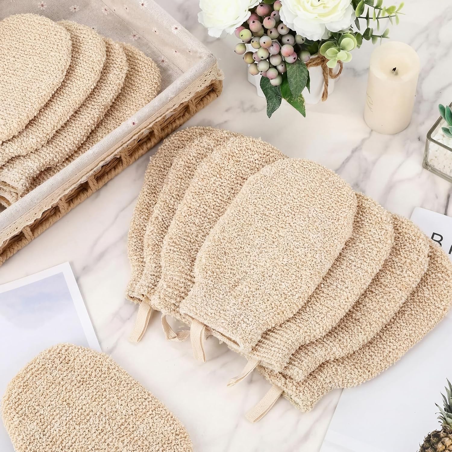30 Pcs Exfoliating Shower Gloves Stretchable Ramie Bath Mitts with Hanging Loop Body Scrubber Exfoliator Loofah Washcloth Deep Clean Dead Skin for Spa Massage Skin Shower Hotel Use (Beige)