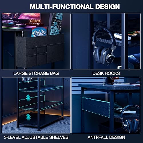 Miniatura 7 de Escritorio pequeño para juegos con tomas de corriente, escritorios en forma de L de 40 pulgadas con estantes reversibles y bolsa de almacenamiento,