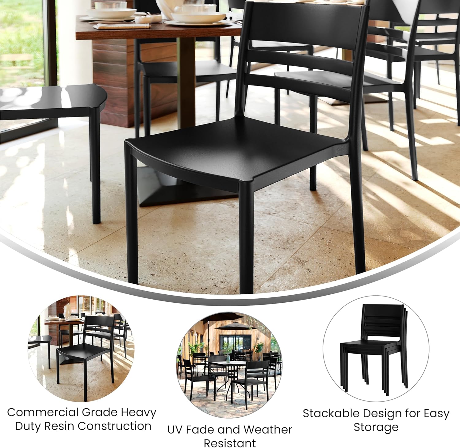 Flash Furniture Bridgeport Slat Back Patio Chair with Contoured Seat, Commercial All-Weather Stacking Resin Chair, UV Resistant, Indoor-Outdoor, Black, Set of 4