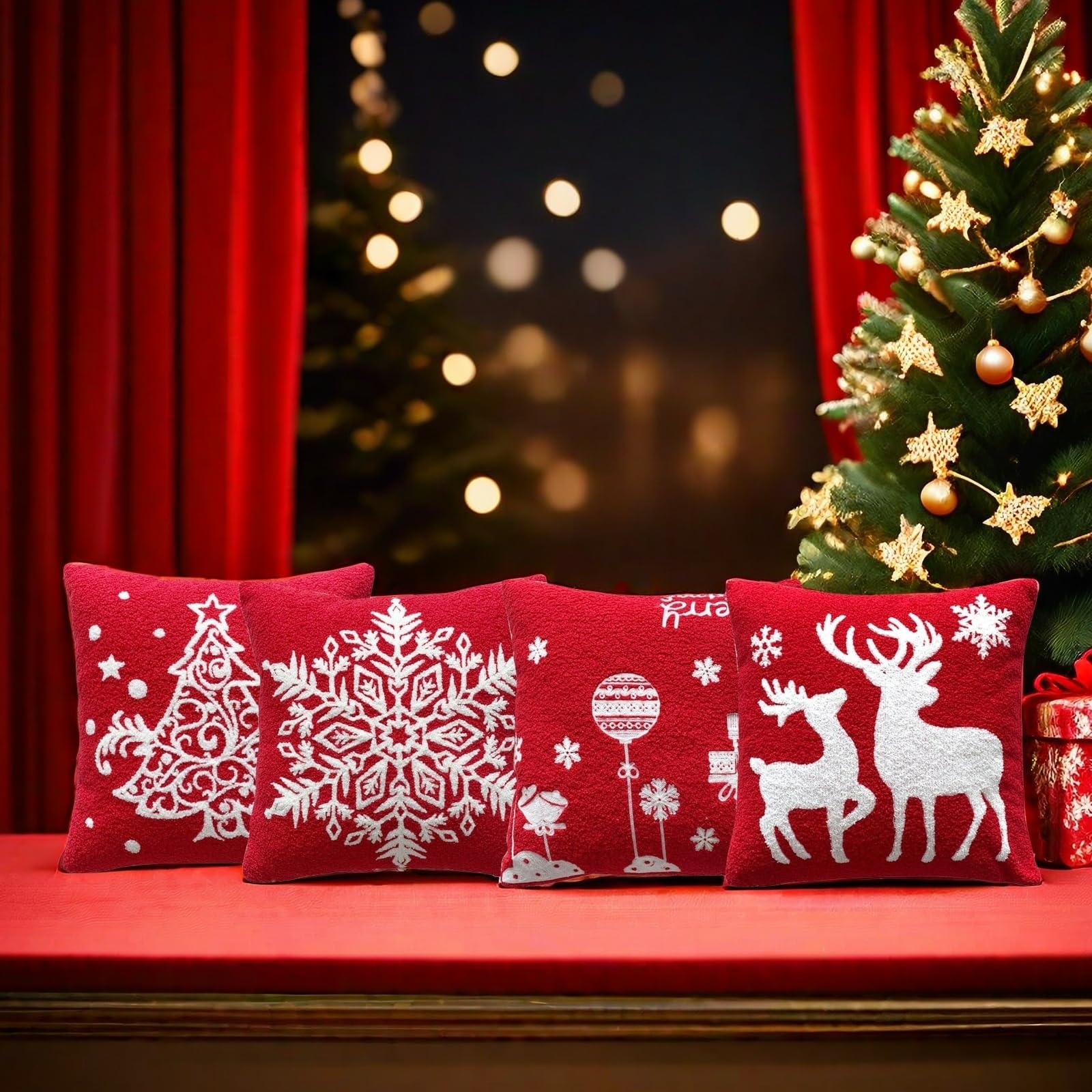 Fundas de almohada rojas navideñas de 18 x 18 pulgadas, funda de cojín suave para decoración de sofá, funda de cojín suave con copo de nieve para sala de estar (ciervo)