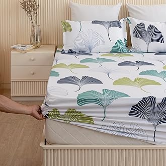 HOMEMONDE 100% Cotton Fitted Bed Sheet for Queen Size Bed, Ginkgo Leaf Printed All Around Elastic Bedsheet (72 x 72 Inch) with 2 Pillow Cover | Perfect for Home Decor & Gifting