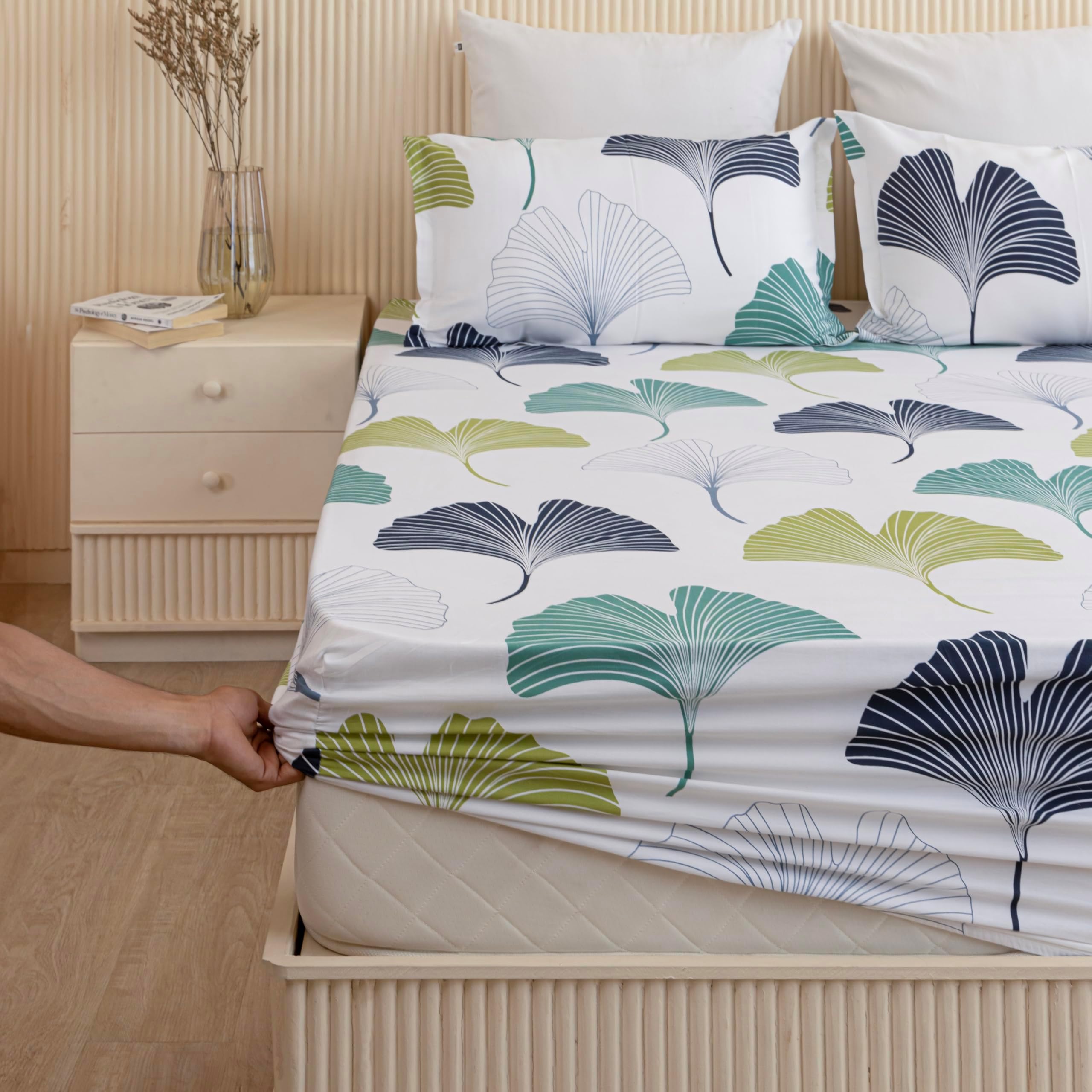 HOMEMONDE 100% Cotton Fitted Bed Sheet for Single Size Bed, Ginkgo Leaf Printed All Around Elastic Bedsheet (72 x 36 Inch) with 1 Pillow Cover | Perfect for Home Decor & Gifting